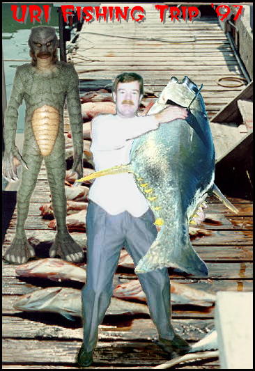 on a fish-carcass-laden dock, a well-dressed man holds a giant fish while the Creature From The Black Lagoon lurks behind him
